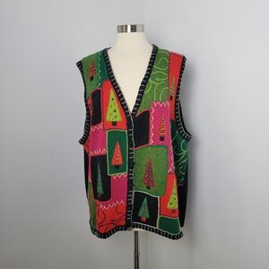 Vintage Y2K Plus Size Embroidered Christmas Tree Ugly Christmas Sweater Vest